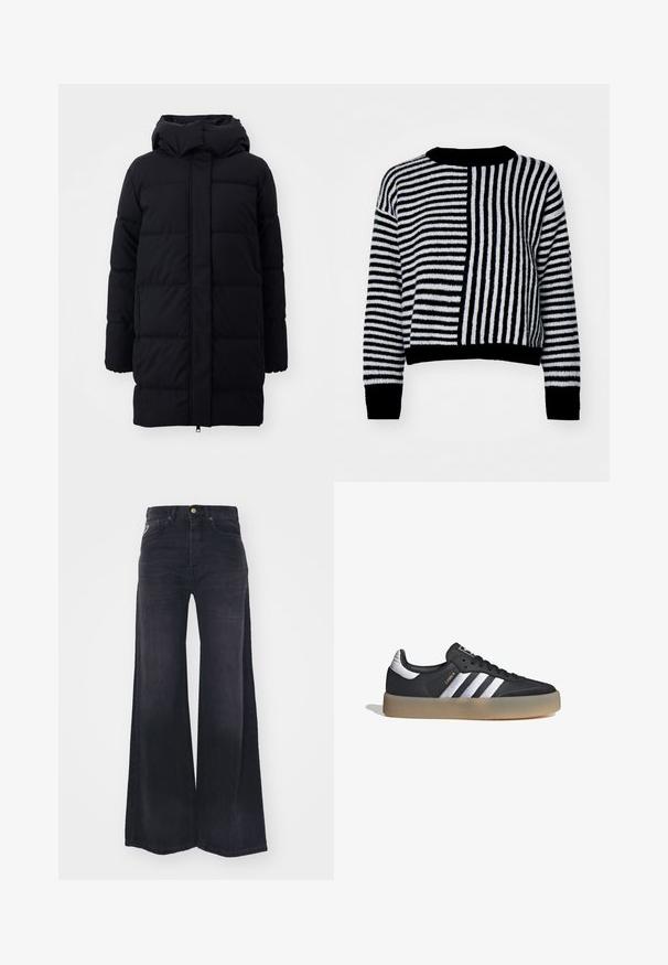 Abrigo acolchado negro con capucha, que presenta una textura suave, diseño acolchado y cremallera frontal. Llega hasta la mitad del muslo.; Suéter de rayas en blanco y negro con rayas horizontales y verticales en contraste, con un escote redondo y puños y dobladillo acanalados.; Vaqueros negros de talle alto con piernas anchas, botón y cremallera frontales, y diseño de cinco bolsillos.; Zapatilla deportiva de cuero negro con tres rayas plateadas, punta texturizada y suela de goma. Cuenta con un collar acolchado y un diseño con cordones.