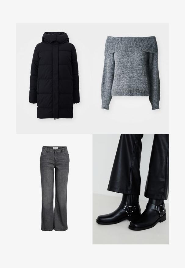 Sort pufferjakke med hætte, der har en glat overflade, quiltet design og frontlynlås. Falder til midt på låret.; Grå off-shoulder sweater, strikket tekstur, lange ærmer, ribbet kant og halsudskæring med en løs pasform, velegnet til lagdeling.; Bredde ben jeans i mørkegrå denim. Har høj talje, traditionelt fem-lomme design og en ren kanten uden udsmykning.; Sorte læder ankelstøvler med en rund tå, der har en dekorativ spænde og nitter på remmen samt lodrette ribbede detaljer.