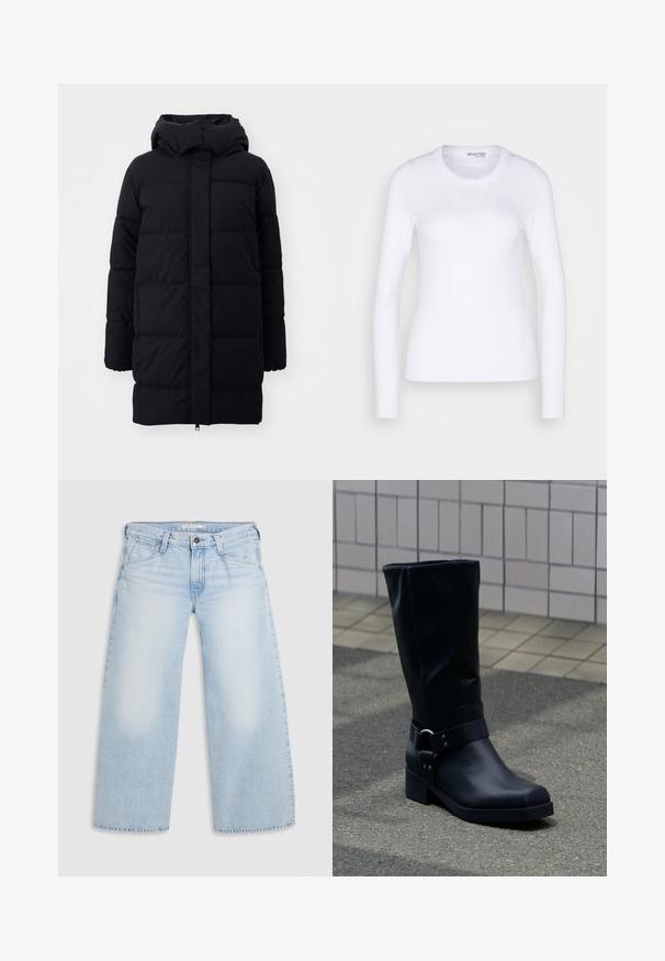 Sort pufferjakke med hætte, der har en glat overflade, quiltet design og frontlynlås. Falder til midt på låret.; Selected SLFDIANNA O NECK - Langærmet T-shirt - bright white; Lyseblå vid nederdel jeans lavet af denim. Har lige snit, fem lommers design og knaplukning i taljen.; Sort læderstøvle midt på læggen med lav blokhæle og en dekorativ rem med metal spænde rundt om anklen, på en flisebelagt fortov.