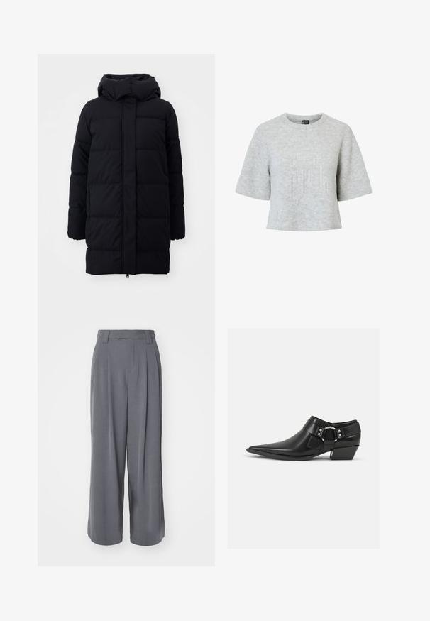 Abrigo acolchado negro con capucha, que presenta una textura suave, diseño acolchado y cremallera frontal. Llega hasta la mitad del muslo.; Suéter gris de manga corta hecho de tela de punto texturizada, con escote redondo y diseño corto. Sin patrones ni detalles visibles.; Pantalones wide-leg grises, confeccionados en tela suave, que presentan una cintura alta, pinzas y un diseño a medida, sin patrones ni acentos visibles.; Botas de cuero negras hasta el tobillo con puntera puntiaguda, que presentan una correa de cuero en la parte delantera y un detalle de hebilla plateada, además de un tacón bajo y cuadrado.