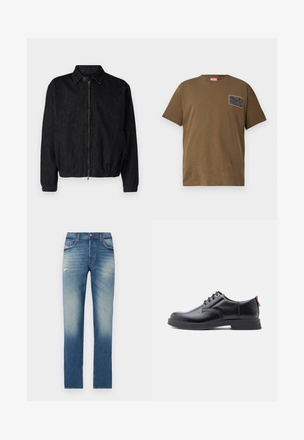 Veste en denim noir avec col, fermeture éclair à l'avant, ourlet et poignets élastiques, et poches latérales. Design épuré sans logos visibles.; T-shirt en coton marron avec un col rond, comportant un patch graphique noir sur la poitrine gauche. Manches courtes et ourlet droit.; Jeans en denim bleu avec un design à jambe droite, présentant un léger délavage, un petit détail usé à l'avant et un style classique à cinq poches.; Chaussures en cuir noir à lacets avec une texture lisse, un bout arrondi et des détails de couture discrets. Présentent une languette rouge à l'arrière.