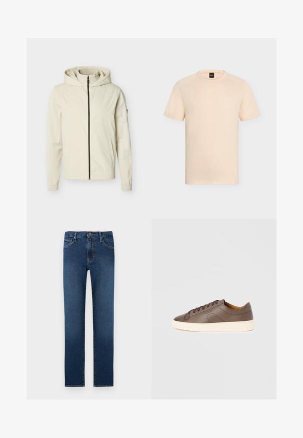 Veste à capuche de couleur crème avec fermeture éclair complète à l'avant et poches latérales, présentée sur un fond uni.; T-shirt beige manches courtes à col rond avec un logo « BOSS » discret sur la poitrine et une étiquette noire à l’intérieur de l’encolure.; Jean denim bleu foncé droit avec cinq poches, fermeture par bouton et surpiqûres contrastantes.; Baskets en cuir marron à texture lisse, semelle extérieure crème contrastante, bout arrondi et lacets marron foncé ; présente un logo discrètement embossé.