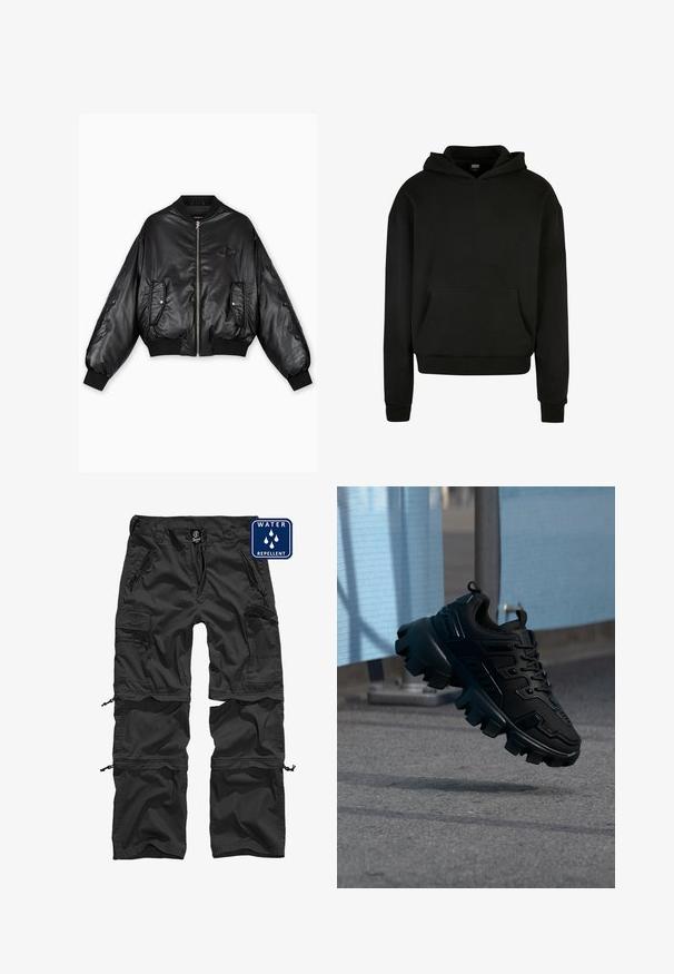 Chaqueta bomber de cuero negra con puños y dobladillo acanalados, cierre frontal de cremallera, dos bolsillos laterales y detalles en relieve en las mangas.; Sudadera con capucha negra hecha de una tela suave, con un bolsillo frontal, puños acanalados y un diseño de corte relajado.; Pantalones cargo repelentes al agua en negro con bolsillos con cremallera, puños ajustables y un material duradero. Presenta un logo en la cinturilla.; Zapatilla negra y gruesa con suela de taco grueso flotando sobre un pavimento gris, con un fondo desenfocado azul claro y gris.