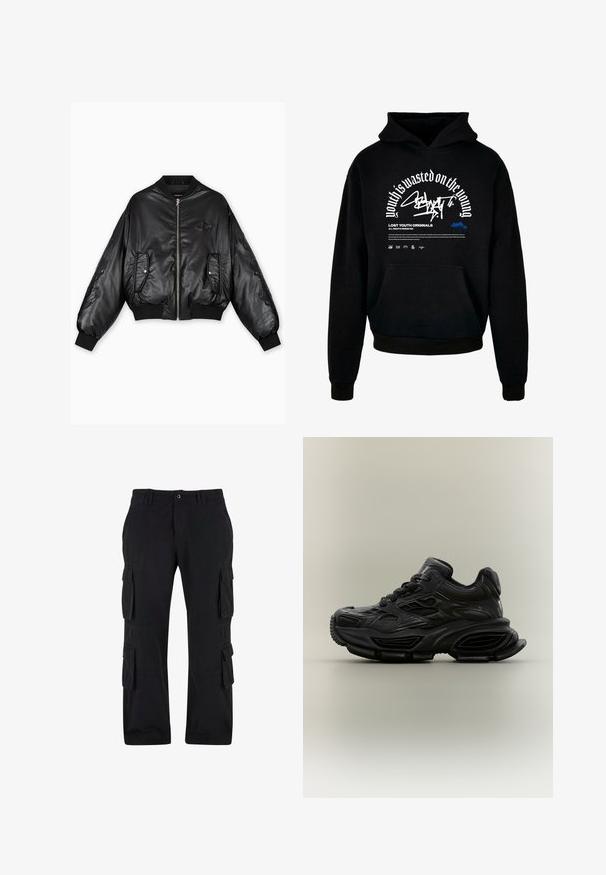 Chaqueta bomber de cuero negra con puños y dobladillo acanalados, cierre frontal de cremallera, dos bolsillos laterales y detalles en relieve en las mangas.; Sudadera con capucha negra y bolsillo delantero. Presenta texto en negrita blanca y diseño gráfico. Fabricada con un tejido suave, con puños y terminación de dobladillo acanalados.; Pantalones cargo negros de algodón, con múltiples bolsillos laterales, un ajuste relajado y un diseño de pierna recta.; Zapatilla deportiva negra y gruesa con diseño texturizado, suela gruesa y cierre de cordones mostrada sobre un fondo neutro y sencillo.