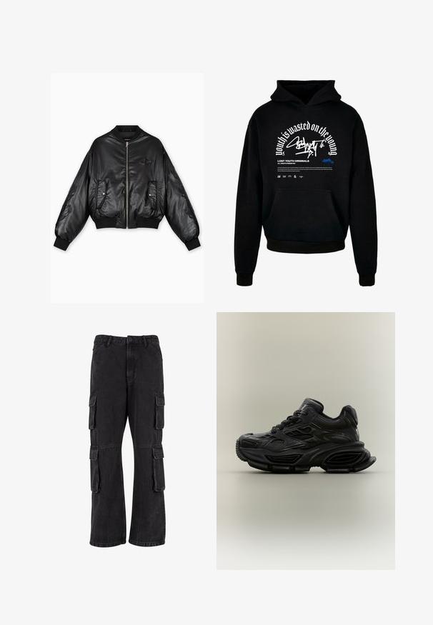 Chaqueta bomber de cuero negra con puños y dobladillo acanalados, cierre frontal de cremallera, dos bolsillos laterales y detalles en relieve en las mangas.; Sudadera con capucha negra y bolsillo delantero. Presenta texto en negrita blanca y diseño gráfico. Fabricada con un tejido suave, con puños y terminación de dobladillo acanalados.; Pantalones cargo negros de mezclilla, con un corte holgado, múltiples bolsillos laterales y detalles de costura. La textura está ligeramente descolorida.; Zapatilla deportiva negra y gruesa con diseño texturizado, suela gruesa y cierre de cordones mostrada sobre un fondo neutro y sencillo.