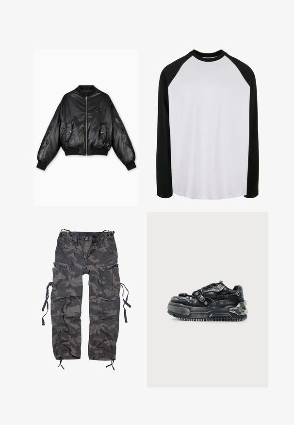 Chaqueta bomber de cuero negra con puños y dobladillo acanalados, cierre frontal de cremallera, dos bolsillos laterales y detalles en relieve en las mangas.; Camiseta de manga larga tipo raglán con cuerpo blanco y mangas negras, hecha de un suave tejido de algodón, con un escote redondo y un corte suelto.; Pantalones cargo camuflados en tonos de gris y negro, fabricados en una tela con una superficie ligeramente texturada. Presenta múltiples bolsillos y lazos en el dobladillo.; Zapatilla chunky negra con suela gruesa, diseño con cordones, correas texturizadas y detalles metálicos en el talón y los lados sobre un fondo claro.