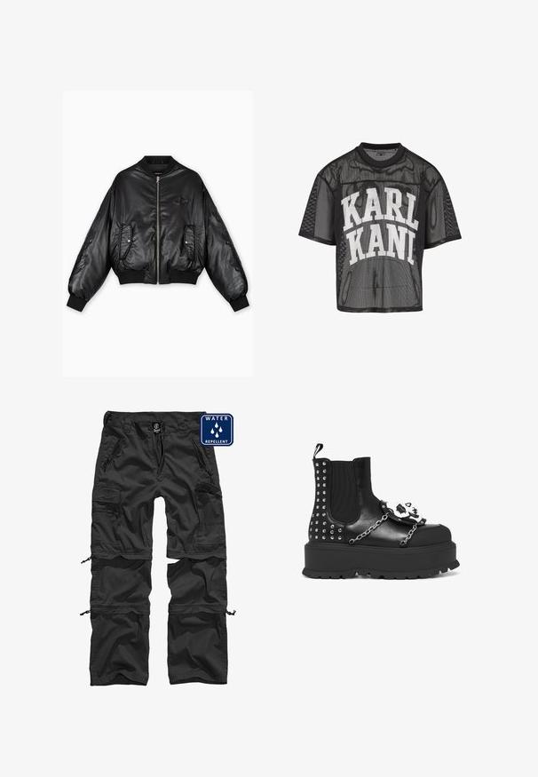 Sort læder bomberjakke med ribbede manchetter og kant, frontlynlås, to sidelommer og præget detaljering på ærmerne.; Sort kortærmet mesh T-shirt med stort hvidt "KARL KANI"-teksttryk tværs over brystet.; Sorte vandafvisende cargo bukser med lynlåslommer, justerbare manchetter og et holdbart materiale. Har et logo på taljen.; Sort platformstøvle med sølvnitter, kædedetaljer og en hvid kranie dekoration på frontpanelet.