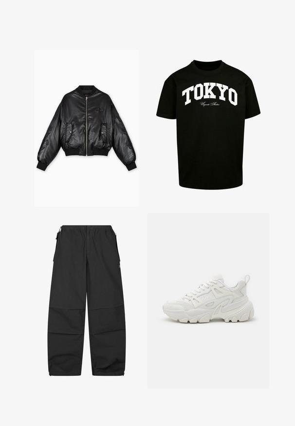 Sort læder bomberjakke med ribbede manchetter og kant, frontlynlås, to sidelommer og præget detaljering på ærmerne.; Sort bomuld t-shirt med korte ærmer. Har "TOKYO" trykt i store hvide versaler, der buer hen over forsiden, under en mindre tekst.; Sorte bomuldsbukser med elastisk talje, to sidelommer og en afslappet pasform. Har sømme og et minimalistisk design.; Hvide atletiske sneakers med en struktureret overdel, netpaneler, fremtrædende gummisål og dekorative udsparinger på siden.
