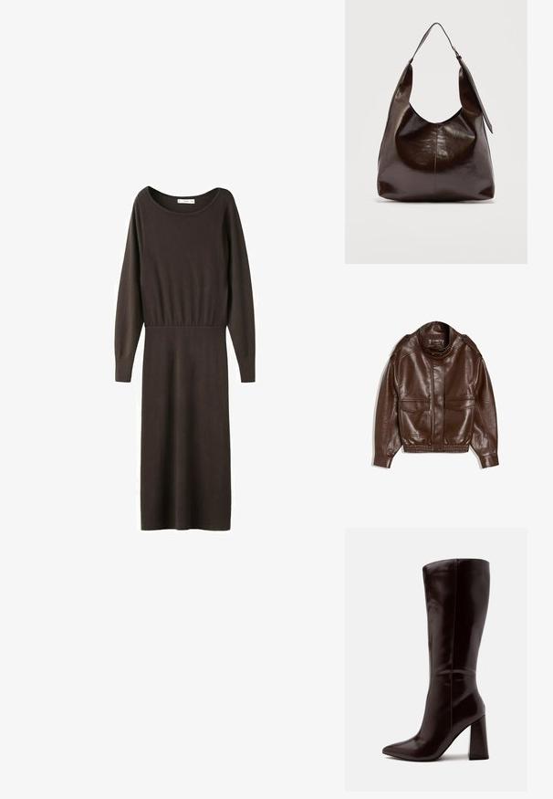 Veste en cuir marron avec un col montant, fermeture éclair, deux poches avant et ourlet élastiqué. Finition texturée avec un léger éclat.; Robe midi en tricot à manches longues de couleur marron foncé, avec un col rond et une taille cintrée.; Botte haute en cuir marron foncé avec bout pointu et talon bloc sur un fond clair uni.; Sac à bandoulière en cuir marron foncé brillant avec une seule large sangle et un détail de boucle sur un côté, posé sur un fond clair uni.