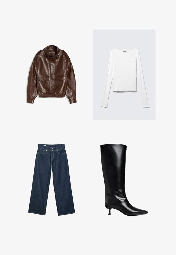 Veste en cuir marron avec un col montant, fermeture éclair, deux poches avant et ourlet élastiqué. Finition texturée avec un léger éclat.; Haut blanc à manches longues avec un design croisé et une poche. Fabriqué dans un tissu lisse et extensible. Coupé dans une coupe décontractée et ample.; Jeans en denim bleu foncé à jambes larges avec fermeture à double bouton, poches avant et surpiqûres contrastantes sur fond blanc.; Boot en cuir noir, montant jusqu'au genou, avec un bout pointu, une silhouette élancée et un talon carré bas, le tout avec une finition brillante.