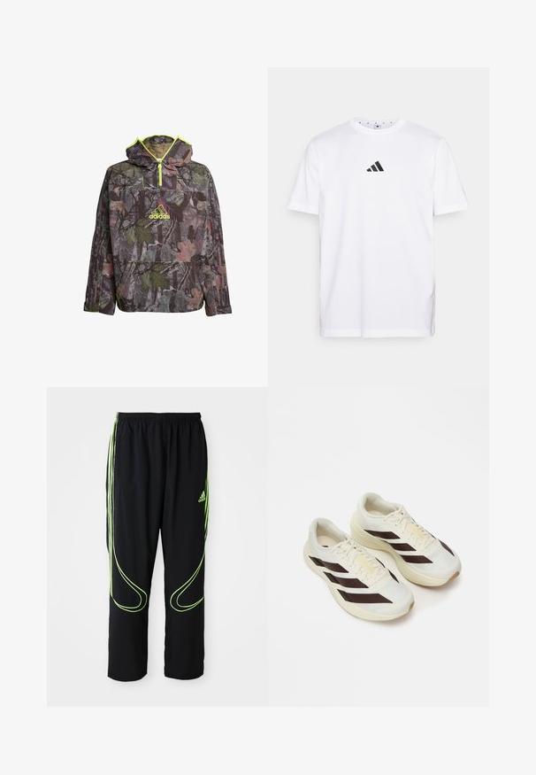 Camo-hoodie in tinten van groen, bruin en grijs met een kwart-rits hals, grote buidelzak en neongele accenten.; Witte katoenen T-shirt met een klein zwart driehoekig logo op de borst, korte mouwen en een ronde halslijn. Eenvoudig en klassiek ontwerp.; Zwarte Adidas sportbroek met neon groene gebogen lijnen en drie strepen aan de zijkanten, elastische tailleband en het Adidas-logo op de voorkant van de bovenbenen.; Lichtgekleurde hardloopschoenen met donkerbruin diagonale strepen, een gestructureerde mesh bovenzijde en een geveerde zool. Bevat gele "ADIZERO" branding.