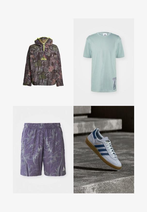 Camo-hoodie in tinten van groen, bruin en grijs met een kwart-rits hals, grote buidelzak en neongele accenten.; Mintgroene katoenen T-shirt met korte mouwen, ronde halslijn en een zijlabel met grafische details en verticale strepen.; Paarse sportshorts met abstracte zilveren patronen, elastische tailleband, zijpiping en het Adidas-logo op de rechteronderkant van het broekspijp.; Lichtblauwe Adidas Spezial sneaker met marineblauwe strepen en rubberen zool, getoond in de lucht boven betonnen trappen in een neutrale buitenomgeving.