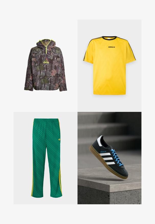 Tarnhoodie in Grüntönen, Braun und Grau mit einem Viertelreißverschluss, großer Kängurutasche und neon-gelben Akzenten.; Gelbes Sport-T-Shirt mit schwarzen Akzenten, einem strukturierten Zickzack-Muster und kurzen Ärmeln. Adidas-Logo auf der Brust platziert.; Grüne Sporthose mit blattförmigem Muster, elastischem Bund, gelben Seitenstreifen und lockerem Schnitt.; Schwarzer Adidas-Sneaker mit weißen Streifen, blauen Schnürsenkeln und Gummisohle, der über einer grauen Betontreppe im weichen Licht schwebt.