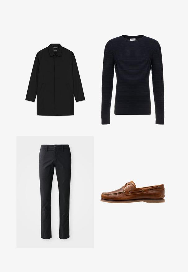 Sort enkelt-lavet lang frakke med krave, to skrå frontlommer og skjult knaplukning.; Marineblå ribstrikket sweater med rund hals og lange ærmer. Den teksturerede stof har vandrette striber og strækbare manchetter og kant.; Sorte lige ben bukser lavet af glat stof med en enkelt knaplukning og bæltestropper. Minimalistisk design uden synlige mønstre.; Brune læder bådsko med syede detaljer, der har metaløjer, en forhøjet søm på tåen og en flad gummisål.