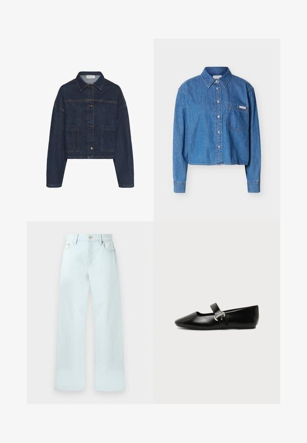 My Essential Wardrobe MWMALLE DECO - Cowboyjakker - dark blue un wash; Blå denim skjorte med lange ærmer, knapper, krave og brystlomme med et lille Calvin Klein logo-tag.; Lyseblå højtaljede vidde-jeans med frontknap, lynlåslukning, bæltestropper og forlommer mod en ensfarvet baggrund.; Sort læder Mary Jane-flad sko med rundet tå og sølvspænde på ensfarvet baggrund.