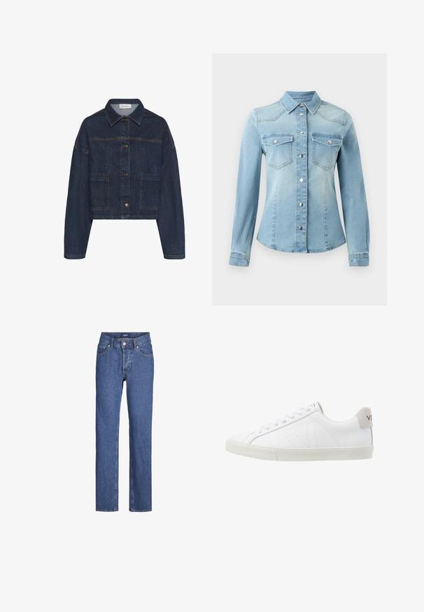 My Essential Wardrobe MWMALLE DECO - Chaqueta vaquera - dark blue un wash; JDY JDYMOON SHIRT - Blusa - medium blue denim; Jeans de mezclilla azul con un diseño de pierna recta, cinco bolsillos y un cierre frontal de botones. Presenta costuras en contraste y una textura suave.; Zapatillas de cuero blanco con una suela de goma texturizada en un tono blanco roto. Las características incluyen cordones, costuras sutiles y un acento en gamuza gris en el talón.