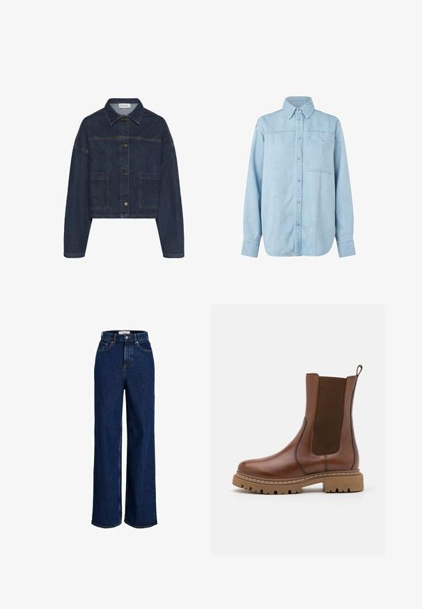 My Essential Wardrobe MWMALLE DECO - Chaqueta vaquera - dark blue un wash; Camisa de denim azul claro con mangas largas, frente abotonado, cuello puntiagudo, un único bolsillo en el pecho y sutiles detalles de costura vertical.; Vaqueros de pierna ancha de tiro alto en azul oscuro, con bolsillos delanteros, trabillas para cinturón, cierre de botones y detalles de costuras visibles.; Botín de cuero marrón con paneles elásticos y una lengüeta. Presenta una suela de goma gruesa y detalles de costura visibles a lo largo de los bordes.