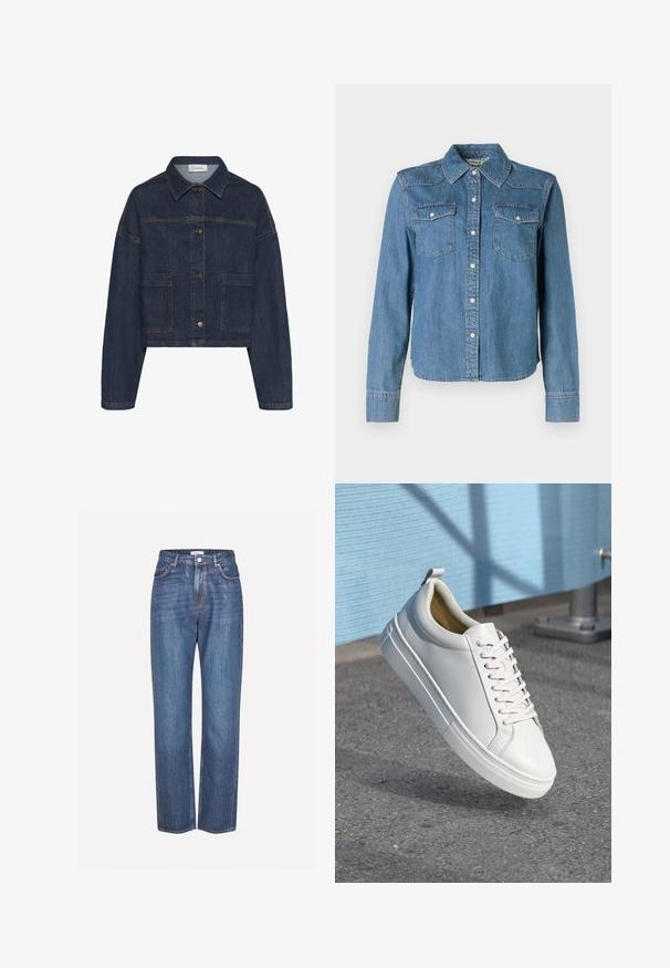 My Essential Wardrobe MWMALLE DECO - Denimová bunda - dark blue un wash; Džínsová košeľa má svetlomodrú farbu, klasický golier a dve náprsné vrecká. Má patentové gombíky a dlhé rukávy s gombíkovými manžetami.; Svetlomodré džínsy s rovnými nohavicami, so zapínaním na gombíky, piatimi vreckami a jemným vyblednutím látky.; Biele kožené tenisky s plochými šnúrkami, zaoblenou špičkou, gumovou podrážkou a malým pútkom na päte. Hladká textúra s minimálnymi dizajnovými detailmi.