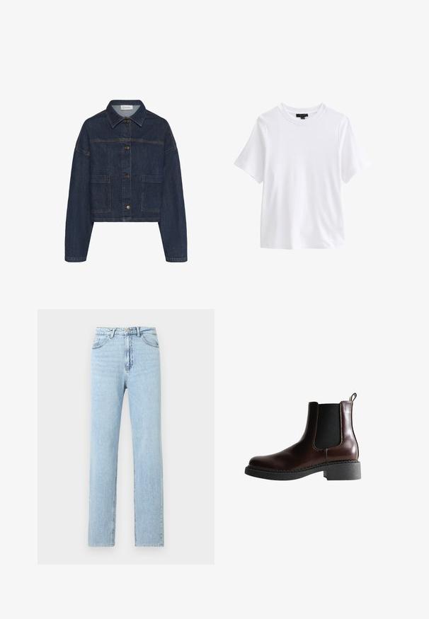 My Essential Wardrobe MWMALLE DECO - Chaqueta vaquera - dark blue un wash; Camiseta blanca lisa de manga corta y cuello redondo con una etiqueta negra en el interior del cuello sobre un fondo blanco.; Vaqueros azul claro de corte recto con bolsillos delanteros, trabillas para cinturón y cierre de botón y cremallera.; Botín de cuero marrón con paneles laterales elásticos, puntera redonda y suela de goma negra texturizada. Presenta costuras en contraste y una pestaña para facilitar el calce.