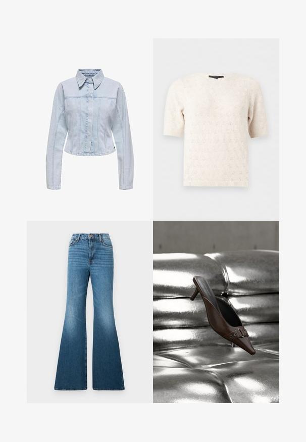 Veste en denim bleu clair avec un col, des manches longues, un design court et des détails de couture verticaux. Fermeture à boutons à l'avant.; Pull en maille crème à manches courtes avec un motif œillet subtil, col rond et poignets et ourlet côtelés.; Jean évasé bleu en denim, avec une taille haute, un léger délavage et des détails de coutures sur les poches et les coutures.; Mule à talon brun à bout pointu avec détail boucle flottant au-dessus d'une surface en cuir argenté capitonnée brillante.