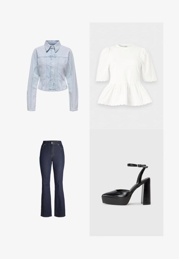 Lichtblauwe denimjacket met een kraaghalslijn, lange mouwen, een cropped ontwerp en verticale naaddetails. Knopen sluiting aan de voorkant.; Witte blouse met opgeblazen ellebooglange mouwen, een getailleerde taille en gegolfde randen aan mouwen en zoom, weergegeven tegen een effen achtergrond.; Donkerblauwe high waist denim jeans met voorkant knoop en rits, voorzakken en licht uitlopende pijpen.; Zwarte plateauhakken met een puntige neus en verstelbare enkelband. Gemaakt van soepel leer, met een robuuste blokhak.