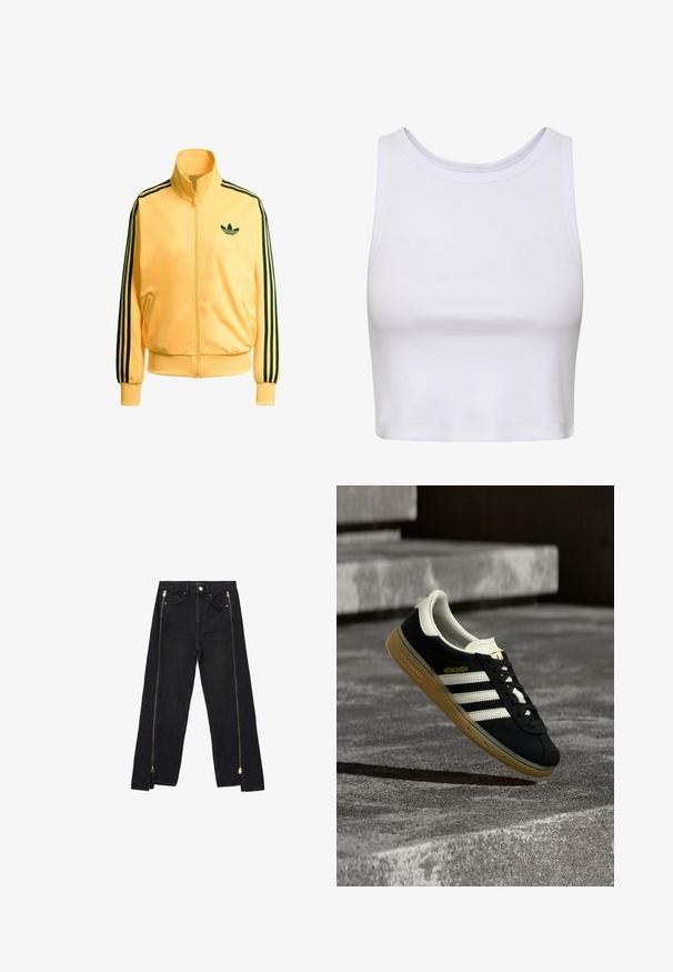 Gul zip-up jakke lavet af glat stof. Har sorte tre-stribe detaljer på ærmerne og et lille grønt logo på brystet.; Hvid crop-top lavet af ribbet stof, med en rund halsudskæring og ærmeløs design samt en figursyet silhuet. Ingen mønstre eller detaljer.; Sorte denimjeans med lige ben-design, der har guld lynlåse langs siderne og almindelige lommer ved taljen.; Sort Adidas München-sneaker med hvide striber og gummisål svævende over ribbet betontrappe.