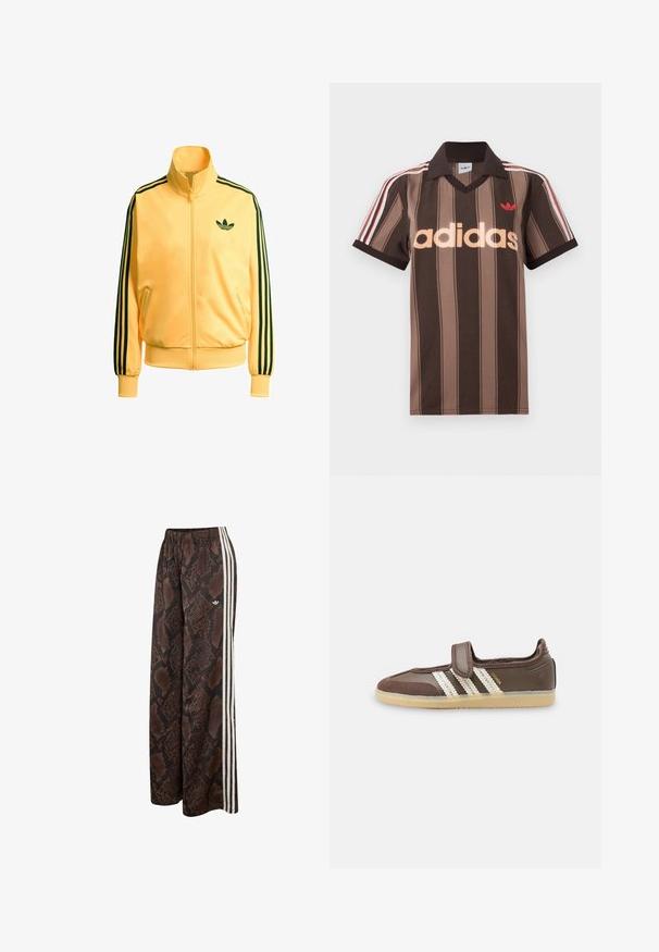 Gul zip-up jakke lavet af glat stof. Har sorte tre-stribe detaljer på ærmerne og et lille grønt logo på brystet.; Brunstribet Adidas polo-shirt med V-hals, bordeaux krave og rødt logo. Har hvide og røde skulderstriber samt korte ærmer.; Brune og sorte slangeskindsprintede bukser med brede ben, hvide sidelommer og elastik i taljen med lille Adidas-logo.; Brun sneaker med beige gummisål, tre hvide striber på siden og en enkelt velcrolukning over vristen.
