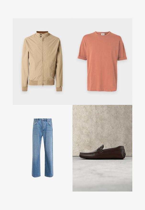 Veste légère beige à fermeture éclair avec col montant, boutons-pression, deux poches latérales et poignets et ourlet côtelés.; T-shirt à manches courtes de couleur rose poussière, en tissu doux, avec un col rond et des manches retroussées, offrant une coupe décontractée.; Jeans en denim bleu clair avec une coupe droite, cinq poches, fermeture à bouton, peu d'usure et des détails de couture contrastés.; Mocassins en cuir marron avec une finition lisse, des coutures de style mocassin, un bout rehaussé et une semelle en caoutchouc basse et flexible.