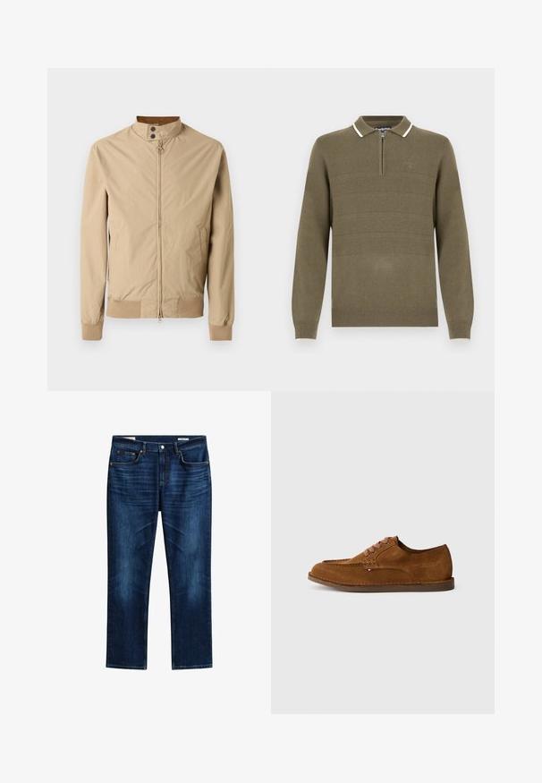 Veste légère beige à fermeture éclair avec col montant, boutons-pression, deux poches latérales et poignets et ourlet côtelés.; Pull en maille vert olive pour homme avec manches longues, fermeture éclair half-zip à l'avant, col bordé de blanc, et finitions côtelées aux poignets et à l'ourlet.; Jean en denim bleu foncé avec fermeture par boutons, cinq poches, légère décoloration aux cuisses et coupe droite.; Chaussure en daim marron avec un bout arrondi, des coutures décoratives et six œillets de lacets contrastants. Semelle plate et design minimaliste.