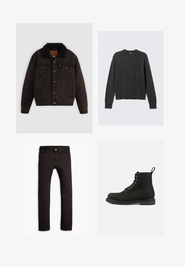 Black denim jacket with a sherpa-lined collar, front pockets, and metal buttons. Features a classic design and textured material.; Dark gray knitted sweater with a round neckline, ribbed cuffs, and hem. The fabric has a smooth texture and features a relaxed fit design.; Black slim-fit jeans with five pockets and button closure, displayed flat on a white background.; Black leather ankle boots with a round toe, lace-up design, metal eyelets, and a textured rubber sole. Features a decorative pull tab.