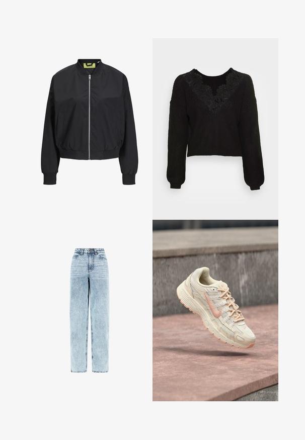 Sort bomberjakke med lynlås foran, ribbede manchetter og talje. Har sidelommer og en kontrasterende indvendig label. Glat stofstruktur.; Sort strikket cropped sweater med lange ærmer, der har en blonde V-hals-design og ribbede manchetter og kant. Struktureret stof med en tætsiddende pasform.; Høj talje, lyseblå falmet denimjeans med lige ben, knaplukning foran, lynlås og forlommer.; Cremefarvet og ferskenfarvet Nike-sneaker med tekstureret sål og snørebånd, fanget i luften over en stenet overflade og med en betonbaggrund.