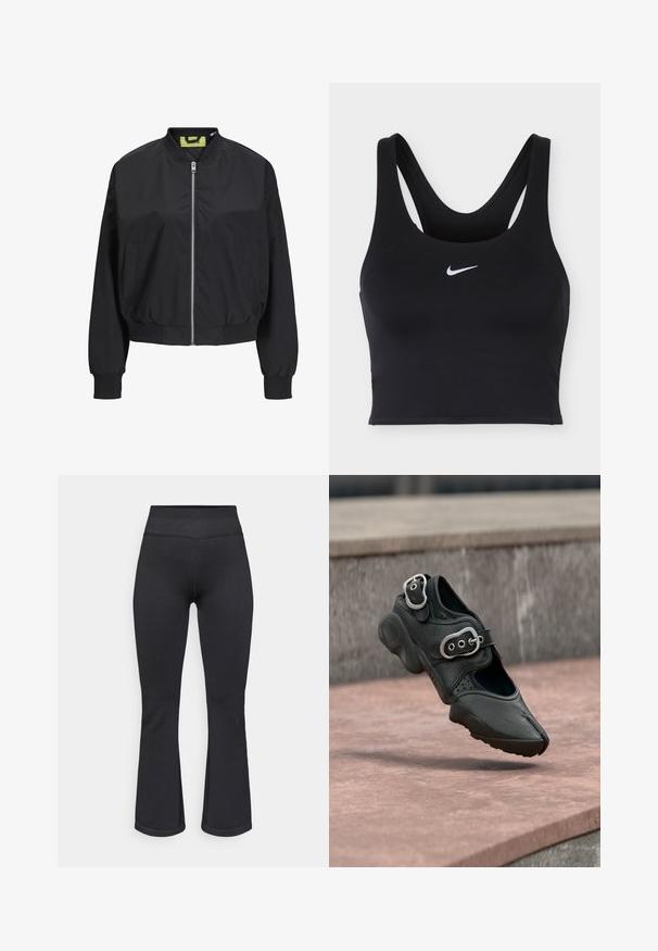 Sort bomberjakke med lynlås foran, ribbede manchetter og talje. Har sidelommer og en kontrasterende indvendig label. Glat stofstruktur.; Sort Nike sports-bh med brede stropper og hvid Nike swoosh-logo centreret foran.; Sorte flared bukser lavet af tekstureret stof med en høj talje. Designet har en tætsiddende pasform ved hofterne og en udvidet kant forneden.; Sort sko med delt tå og to sølvspændere, tyk sål og perforerede detaljer, svævende over en stenovertagelse.