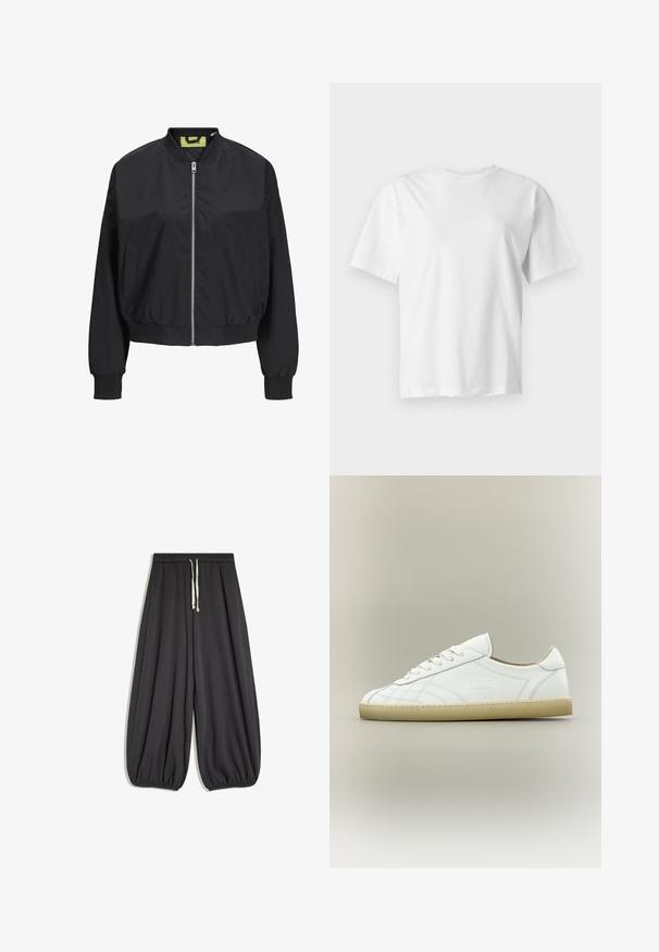 Veste bomber noire avec fermeture éclair sur le devant, poignets et taille côtelés. Dotée de poches latérales et d'une étiquette intérieure contrastante. Texture de tissu lisse.; T-shirt blanc uni à manches courtes et col rond, présenté à plat sur un fond gris clair.; Pantalon ample gris foncé avec taille élastique, cordon blanc et bords élastiques aux chevilles, présenté sur fond blanc.; Baskets basses en cuir blanc avec semelle beige, lacets et motifs cousus subtils sur fond neutre.