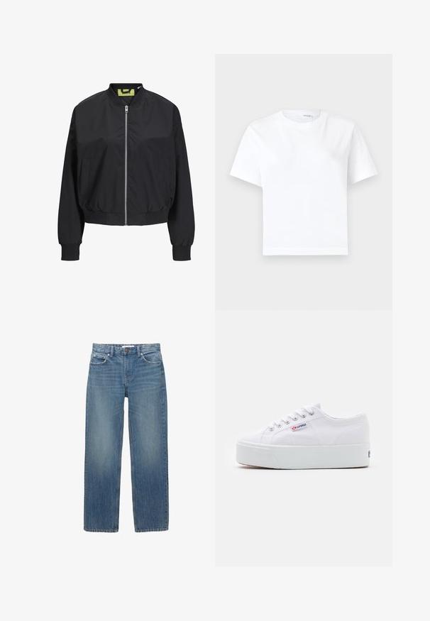 Zwarte bomberjack met een ritssluiting aan de voorkant, ribbel cuffs en een ribbel tailleband. Beschikt over zijzakken en een contrasterend binnenlabel. Soepele stofstructuur.; Effen witte katoenen T-shirt met korte mouwen, ronde hals en rechte zoom, getoond op een witte achtergrond.; Lichtblauwe denim jeans met een rechte snit, vijf zakken en koperen hardware. De stof heeft een lichte vervaging en een gladde textuur.; Witte canvas sneaker met een dikke witte platformzool, ronde neus en metalen oogjes voor veters. Merkl logo aan de zijkant weergegeven.