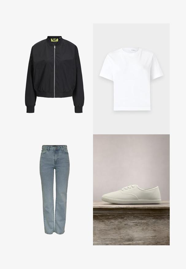 Chaqueta bomber negra con cremallera frontal, puños y cintura acanalados. Presenta bolsillos laterales y una etiqueta interior en contraste. Textura de tela suave.; Camiseta blanca lisa de algodón de manga corta con cuello redondo y dobladillo recto, mostrada sobre un fondo blanco.; Jeans de pierna recta de cintura alta en azul claro con cierre frontal de botón y cremallera, cinco bolsillos y pasadores para cinturón.; Zapatillas de lona blancas con punta redondeada, seis ojales y suela de goma texturizada, suspendidas sobre una superficie de madera con hierba verde al fondo.