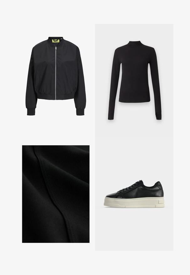 Chaqueta bomber negra con cremallera frontal, puños y cintura acanalados. Presenta bolsillos laterales y una etiqueta interior en contraste. Textura de tela suave.; Camiseta negra ajustada de manga larga con cuello alto, mostrada sobre un fondo gris claro liso.; Tela negra con textura acanalada, que presenta detalles sutiles de costura y pliegues suaves y fluidos. Material fino y ligero.; Zapatilla deportiva baja de cuero negro con suela plataforma blanca gruesa y cordones negros sobre un fondo claro y liso.