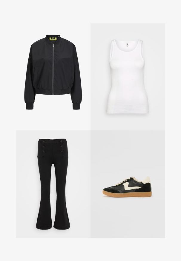 Chaqueta bomber negra con cremallera frontal, puños y cintura acanalados. Presenta bolsillos laterales y una etiqueta interior en contraste. Textura de tela suave.; Top sin mangas blanco de canalé con escote redondo y tirantes anchos, que presenta un ajuste ceñido que se adapta al cuerpo. Sin patrones visibles ni acentos.; Pantalones de mezclilla negros acampanados, con cintura alta, cierre frontal de cinco botones y dos bolsillos delanteros con costura decorativa.; Zapatillas de deporte de ante y cuero negro con un swoosh lateral en crema y un talón en crema claro. Presenta cordones beige y una suela de goma marrón.