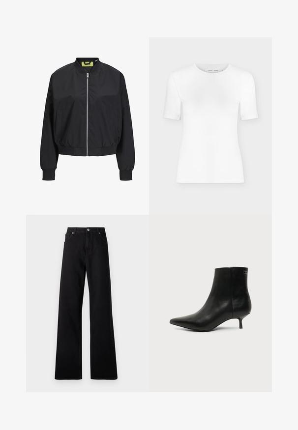 Chaqueta bomber negra con cremallera frontal, puños y cintura acanalados. Presenta bolsillos laterales y una etiqueta interior en contraste. Textura de tela suave.; Camiseta blanca de manga corta con cuello redondo, ajuste slim y textura de tejido acanalado, mostrada sobre un fondo liso gris claro.; Jeans de pierna ancha negros fabricados en denim con diseño de cinco bolsillos, cierre frontal con botón y detalles de costura sutiles.; Botín de piel negra con puntera puntiaguda y tacón bajo estilo kitten sobre fondo claro, mostrando vista lateral exterior.