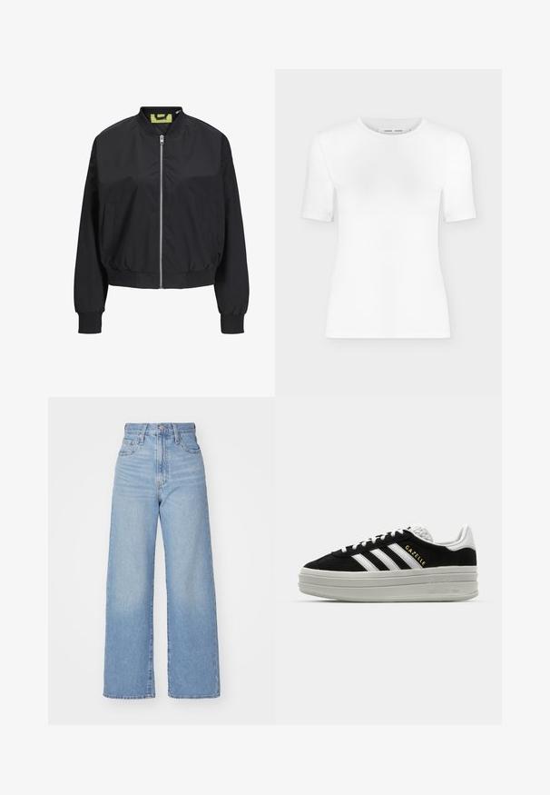 Chaqueta bomber negra con cremallera frontal, puños y cintura acanalados. Presenta bolsillos laterales y una etiqueta interior en contraste. Textura de tela suave.; Camiseta blanca de manga corta con cuello redondo, ajuste slim y textura de tejido acanalado, mostrada sobre un fondo liso gris claro.; Jeans de tiro alto y pernera ancha en azul claro, con cierre frontal de botón y cremallera, y bolsillos delantero y trasero, sobre un fondo blanco.; Zapatillas negras de ante con detalles en cuero blanco, tres rayas blancas, cordones planos y una gruesa suela de plataforma gris. Marca "Gazelle" en dorado.