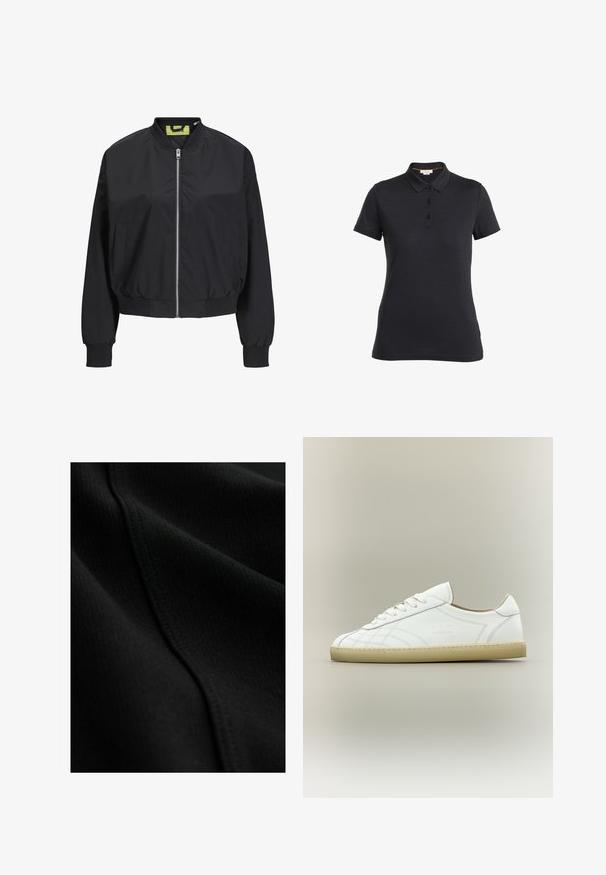 Chaqueta bomber negra con cremallera frontal, puños y cintura acanalados. Presenta bolsillos laterales y una etiqueta interior en contraste. Textura de tela suave.; Camisa polo negra de tela suave, con cuello, cierre de tres botones y mangas cortas. Diseño simple, sin patrones ni acentos.; Tela negra con textura acanalada, que presenta detalles sutiles de costura y pliegues suaves y fluidos. Material fino y ligero.; Zapatilla de piel blanca de corte bajo con suela beige, diseño con cordones y patrones sutiles cosidos sobre fondo neutro.