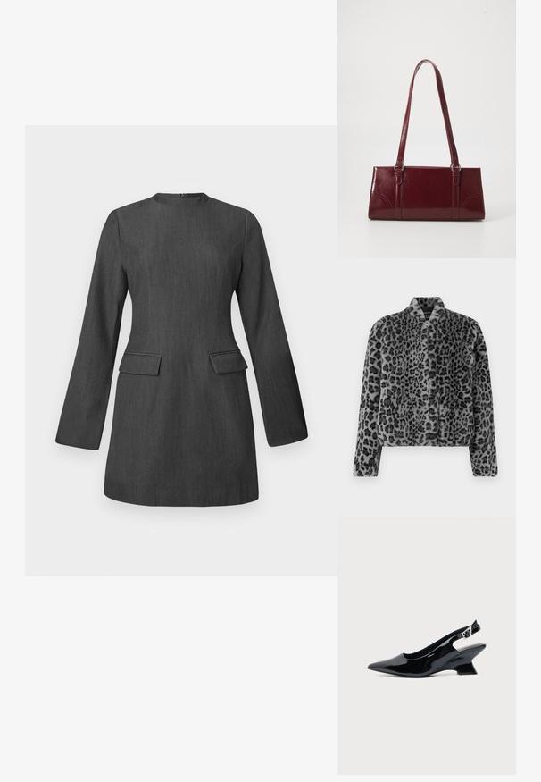 Veste en fausse fourrure à motif léopard gris, au design court, avec un col montant et une fermeture éclair devant. La texture est douce et moelleuse avec une finition lisse.; Robe ajustée grise avec des manches longues, un col rond et deux poches avant. Réalisée en tissu texturé, elle présente un design élégant et structuré.; Chaussure slingback en cuir verni noir avec bout pointu et petit talon bloc incliné sur fond clair uni.; Sac à main bordeaux en matériau brillant, de forme rectangulaire, avec deux anses et des accents légèrement courbés à l'avant.