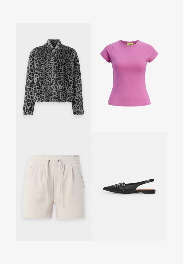 Grå leopardpræget faux fur jakke med et kort design, stående krave og frontlynlås. Teksturen er blød og fyldig med en glat finish.; Lille pink T-shirt med rund halsudskæring, korte raglanærmer og en tætsiddende pasform. Fremstillet af glat bomuldsstof. Mærket synligt indeni.; Lyse beige shorts med elastisk talje, snor, sidelommer og flæsedetaljer langs lommekanterne. Blødt stoff.; Sort læderslyngeflad sko med spids tå, der har to vandrette stropper og firkantede sølvspænder, lav hæl og glat tekstur.