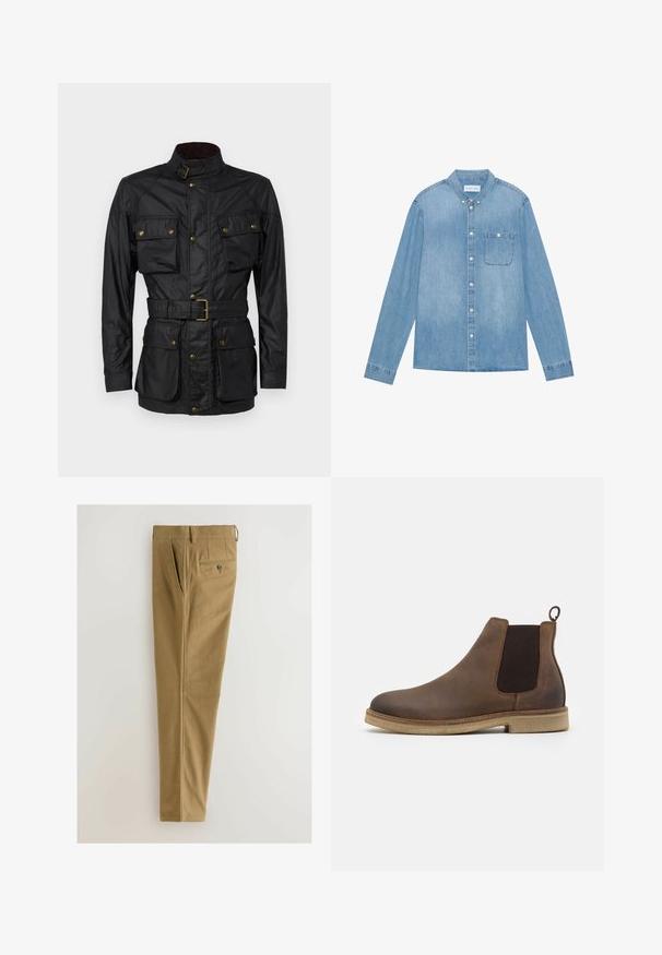 Sort vokset bomuldsjakke med høj krave, fire frontlommer, bælte i taljen og gyldne hardwaredetaljer. Glat tekstur og struktureret design.; Lys blå denim skjorte med knapper, lange ærmer, spids krave, en enkelt brystlomme og subtil falmning på stoffet.; Brune bukser lavet af tekstureret bomuldsblandingsstof, med sidelommer, en baglomme med en sort knap, og et lige ben-design.; Brune læder Chelsea-støvle med elastiske sidepaneler, afrundet tå, løftestrop og en lys brun struktureret sål.