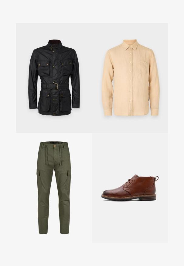 Sort vokset bomuldsjakke med høj krave, fire frontlommer, bælte i taljen og gyldne hardwaredetaljer. Glat tekstur og struktureret design.; Beige langærmet skjorte i linned med knapkrave, frontlomme og en glat, let struktureret overflade. Klassisk pasform og enkelt design.; Oliven grønne cargo-bukser med elastisk talje, struktureret stof, sidelommer og et slim fit design. Knaplukning foran.; Brun læder ankelstøvle med snørelukning foran, lav hæl og trækstrop bagpå, vist fra ydersiden på en ensfarvet baggrund.