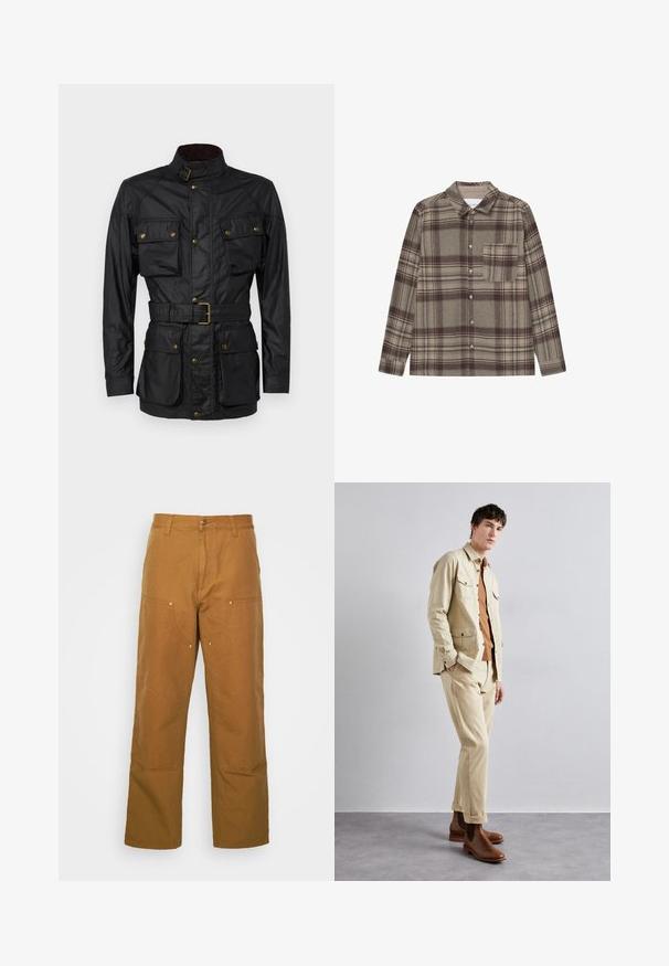 Sort vokset bomuldsjakke med høj krave, fire frontlommer, bælte i taljen og gyldne hardwaredetaljer. Glat tekstur og struktureret design.; Brun ternet flannel skjorte med klassisk krave, lange ærmer, knaplukning foran og en brystlomme. Blødt stof med subtile mønstre.; Brune bomuldsarbejdsbukser med lige ben-design, der har frontlommer og metalhardware detaljer for ekstra holdbarhed.; Beige bomuldsjakke med to brystlommer over en brun skjorte og matchende beige bukser. Brune læder ankelstøvler fuldender outfittet.