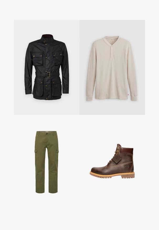 Sort vokset bomuldsjakke med høj krave, fire frontlommer, bælte i taljen og gyldne hardwaredetaljer. Glat tekstur og struktureret design.; Langærmet henley-skjorte i lys beige ribbet stof, med V-hals, tre-knap placket og manchetter ved ærmerne. Rød logo-tags ved kanten.; Cargobukser i olivengrøn, med lige snit, for- og sidelommer samt knaplukning. Fremstillet af slidstærkt bomuldsstof.; Brun læder ankelstøvle med rund tå, solid sål, hardware i guldtone og en tekstureret overdel. Inkluderer et logo-tagfæstet.