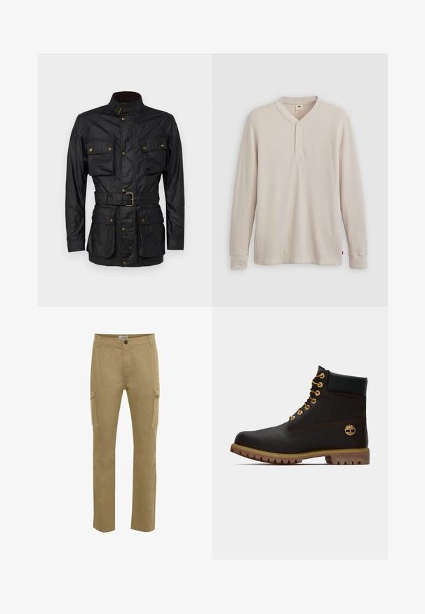 Sort vokset bomuldsjakke med høj krave, fire frontlommer, bælte i taljen og gyldne hardwaredetaljer. Glat tekstur og struktureret design.; Langærmet henley-skjorte i lys beige ribbet stof, med V-hals, tre-knap placket og manchetter ved ærmerne. Rød logo-tags ved kanten.; Tan cargo bukser med lige pasform, lavet af holdbar bomuld. Har sidelommer, knappelukning og forstærkede knædetaljer.; Sorte læder ankelstøvle med gyldne øjer, brune detaljer og gummisål. Har en polstret krave og præget logo på siden.