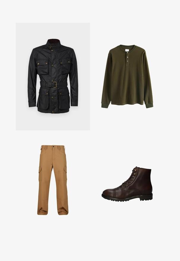 Sort vokset bomuldsjakke med høj krave, fire frontlommer, bælte i taljen og gyldne hardwaredetaljer. Glat tekstur og struktureret design.; Langærmet olivengrøn waffle knit henley skjorte med ribbede manchetter og tre knapper ved kraven.; Brune cargo bukser lavet af slidstærkt stof, med flere lommer, en afslappet pasform og forstærkede syninger.; Mørkebrun læder snørebånd ankelstøvle med robuste gummisål og metaløjer, set fra den ydre side.