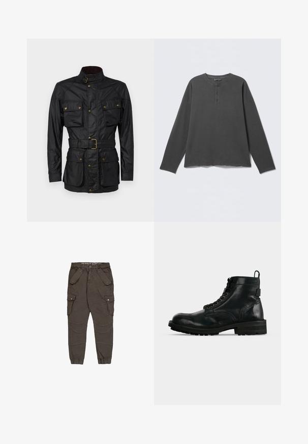 Sort vokset bomuldsjakke med høj krave, fire frontlommer, bælte i taljen og gyldne hardwaredetaljer. Glat tekstur og struktureret design.; Mørkegrå langærmet henley-shirt med rund halsudskæring og tre knapper på frontpladen.; Cargo bukser i mørke olivengrønne stof med flere lommer, elastiske manchetter og buede syninger på benene.; Sort læder ankelstøvle med snøre, tyk sål og trækstrop bagpå, vist i sideprofil på hvid baggrund.
