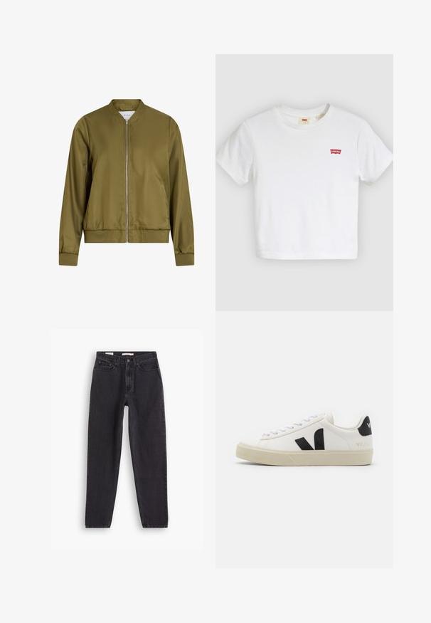 Λαδί bomber jacket φτιαγμένο από απαλό, γυαλιστερό υλικό. Διαθέτει στρογγυλή λαιμόκοψη, φερμουάρ μπροστά και ελαστικές μανσέτες με ριμπ τις ωμές.; Λευκό κοντομάνικο μπλουζάκι με στρογγυλή λαιμόκοψη και μικρό κόκκινο λογότυπο Levi's στο αριστερό στήθος.; Μαύρα τζην με ίσια γραμμή, διαθέτουν πέντε τσέπες, κλείσιμο με κουμπί μπροστά και ραμμένες λεπτομέρειες κατά μήκος των ραφών.; Λευκό δερμάτινο sneaker με μαύρο ελαστικό λογότυπο V. Υφή ανοιχτού λευκού πέλματος, λευκές κορδόνες και λεπτομέρεια στη φτέρνα σε μαύρο διπλωμένο με το όνομα της μάρκας.
